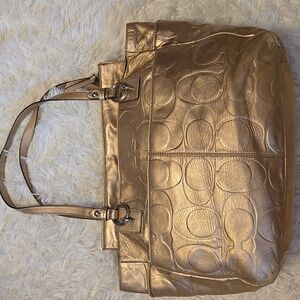 Coach Gold Metallic EmbossedTote with Signature Monogram And Hang Tag